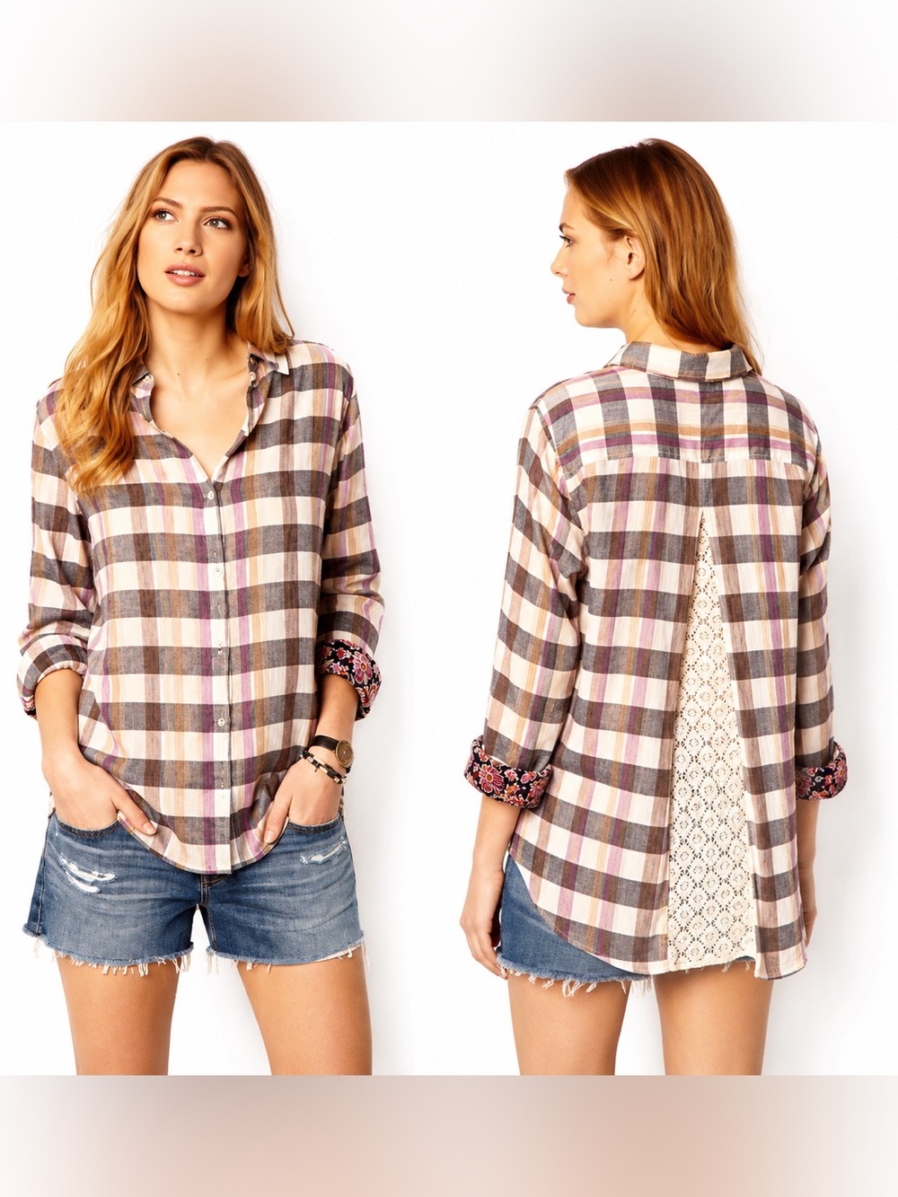 Anthropologie Isabella Sinclair Shirt Plaid Lace Back Button Roll Tab floral Med